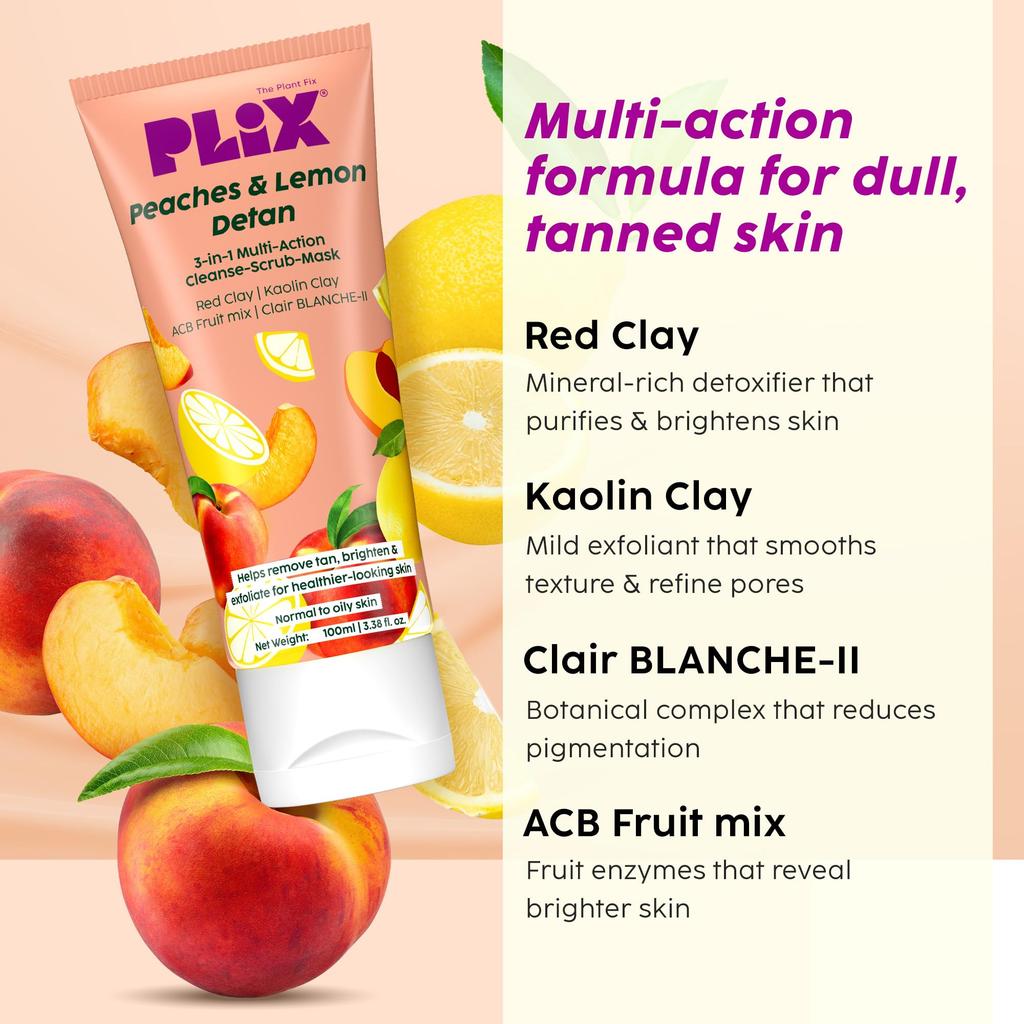 Plix - The Plant Fix Peaches & Lemon 3-in-1 Detan Face Wash, Scrub & Mask + Pineapple Smoothie Moisturizer | Helps Reduce Pigmentation | Cleanses