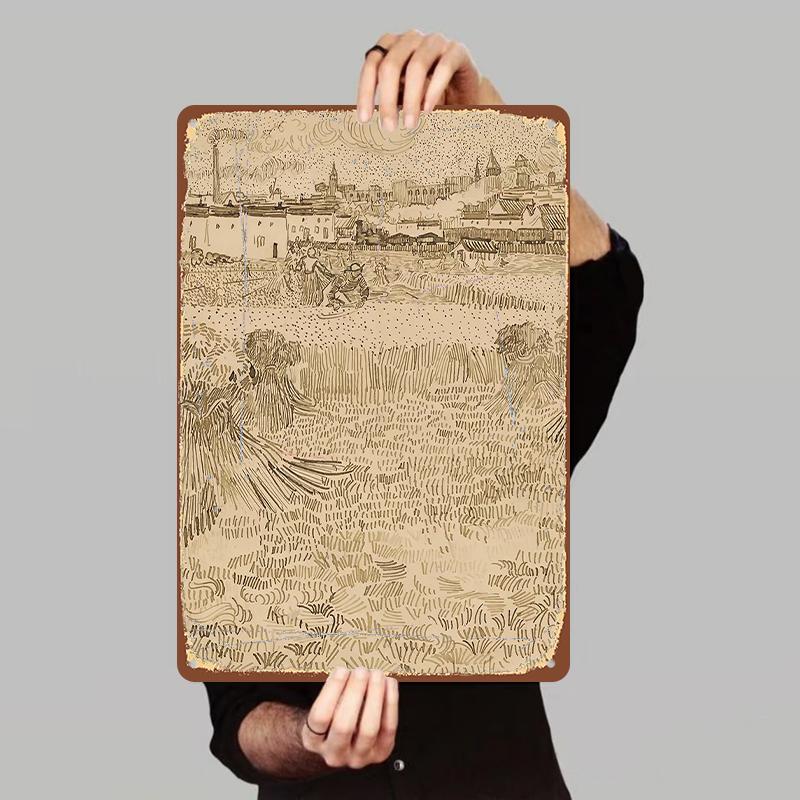 Van Gogh Style Harvest Wheat Field Hand Painted Metal Iron Painting Home Wall Decor Living Room Art Hanging 7.9x11.8In(20x30cm)