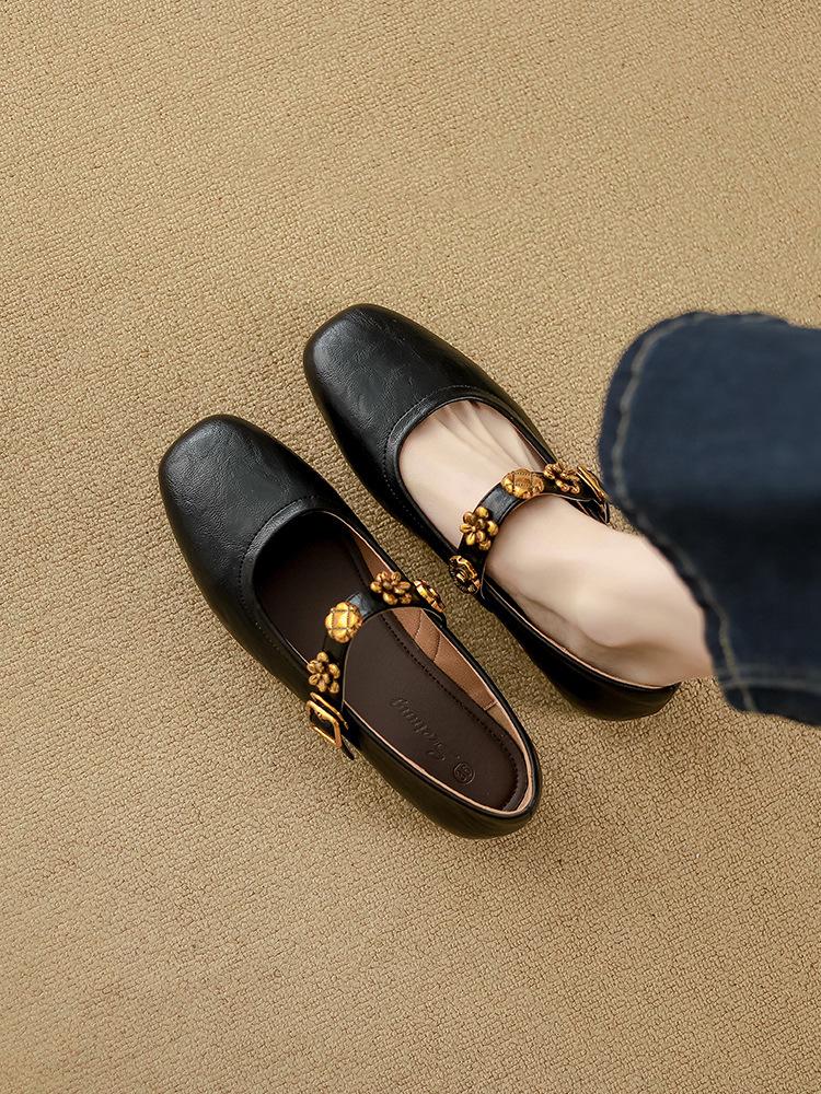 

Super soft lambskin~ French retro single shoes for women s 2025 spring new flat-bottomed one-word ballet shoes Mary Jane shoes. 39 чёрный