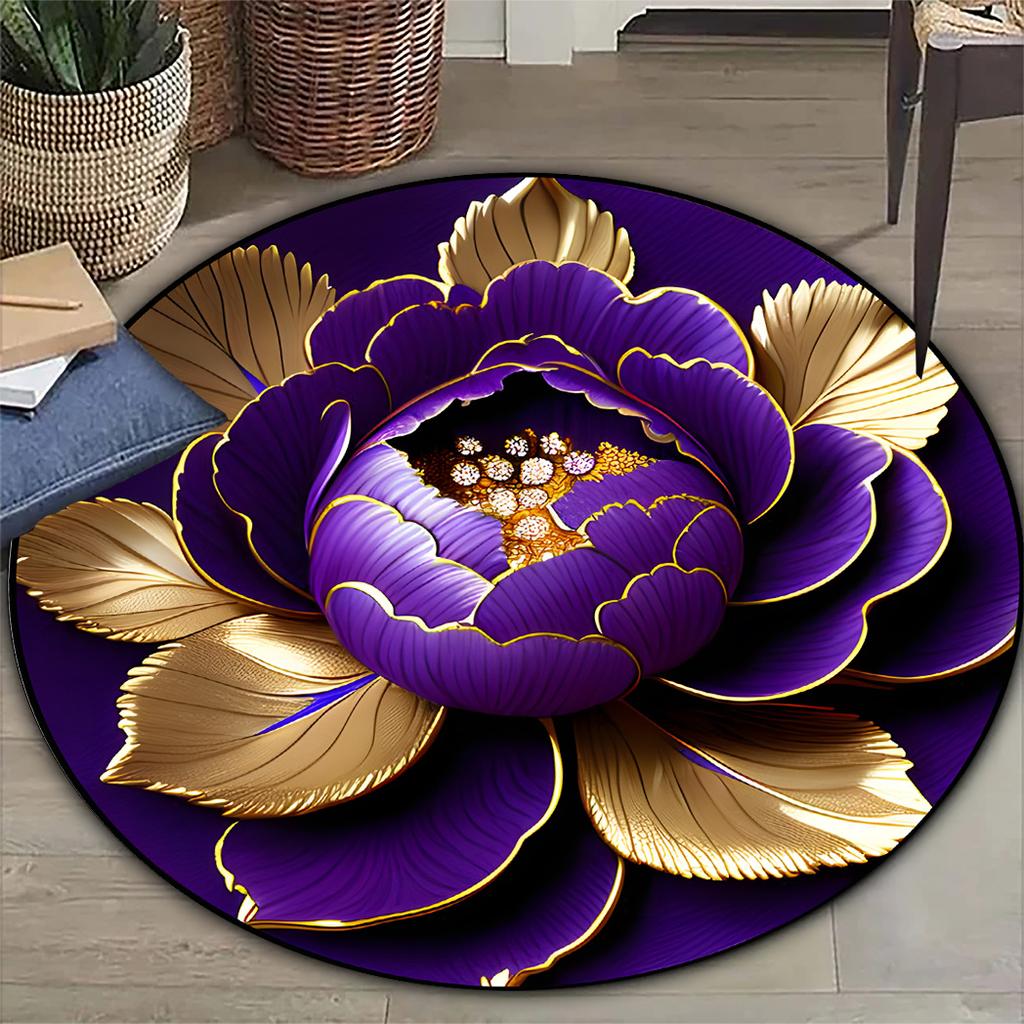 Purple Gold Peony Round Rug - Washable Polyester Large Mat for Living Room, Hallway, Bedroom, Patio & Office Decor