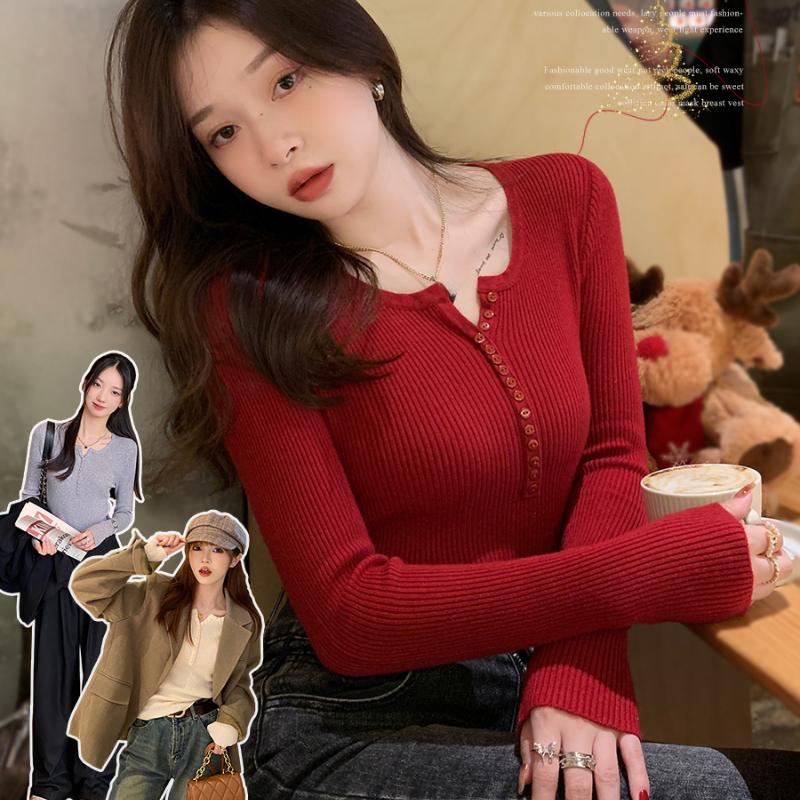 Dámský módní svetr s dlouhým rukávem, kulatým výstřihem, ležérní červený pulovr, podzimní zimní jednobarevný základní vánoční pletený svetr, elegantní pletené svetry 25670