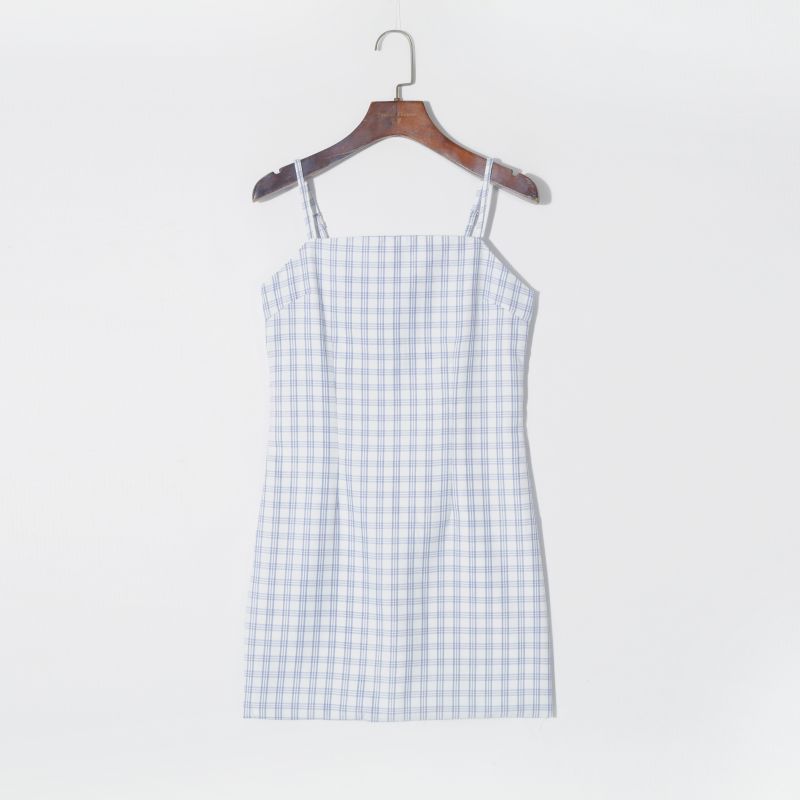 

Летнее женское платье-сарафан мини свежего французского стиля в ретро-клетку с контрастной расцветкой, приталенное, стройнящее, молодежное, универсальное Blue and White grid M