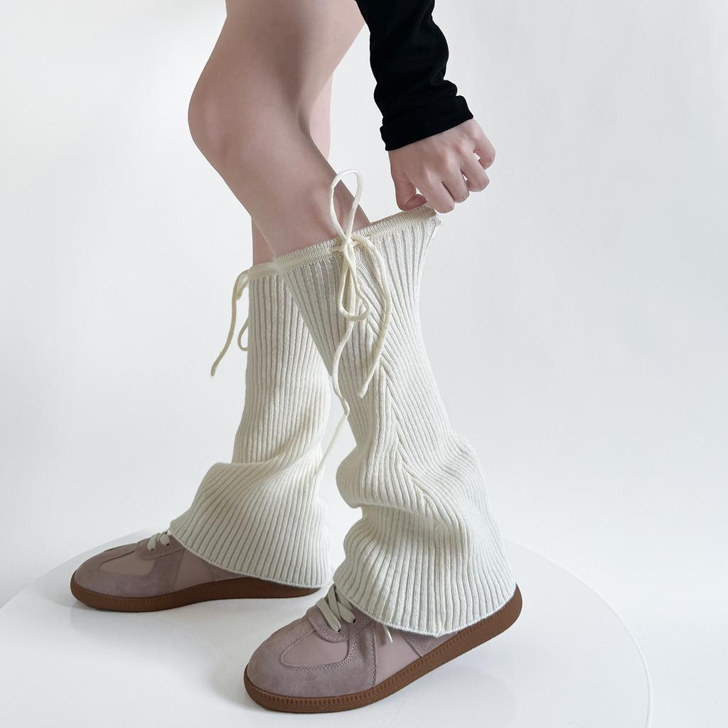 Winter Knitted Leg Warmers Bandage Bow Sweet Girls Solid Color Long Stockings Knitted Foot Cover Knee Socks Women Leg Warmers
