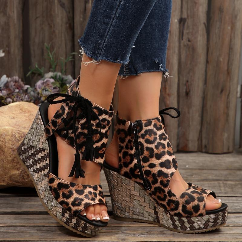 

Women’s Lace-Up Open-Toe Wedge Sandals with Side Zipper, Thick Sole, Summer Wear 43 леопард друку кольору
