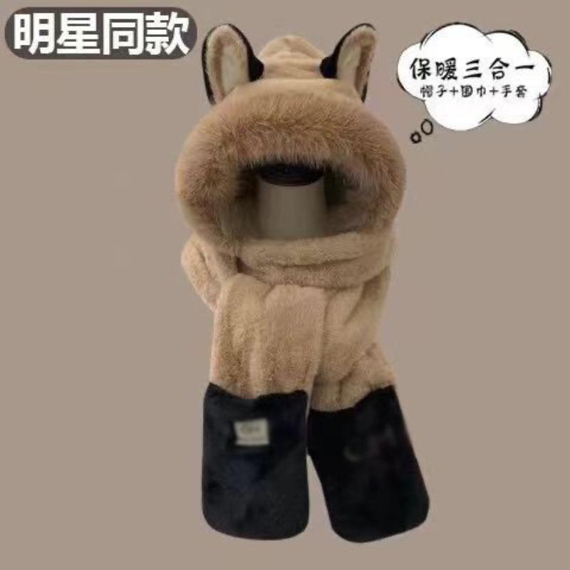 Winter New Fire Fox Plush Hat Scarf Women's Gloves Integrated Three-piece Set Student Warm Thickened Hat