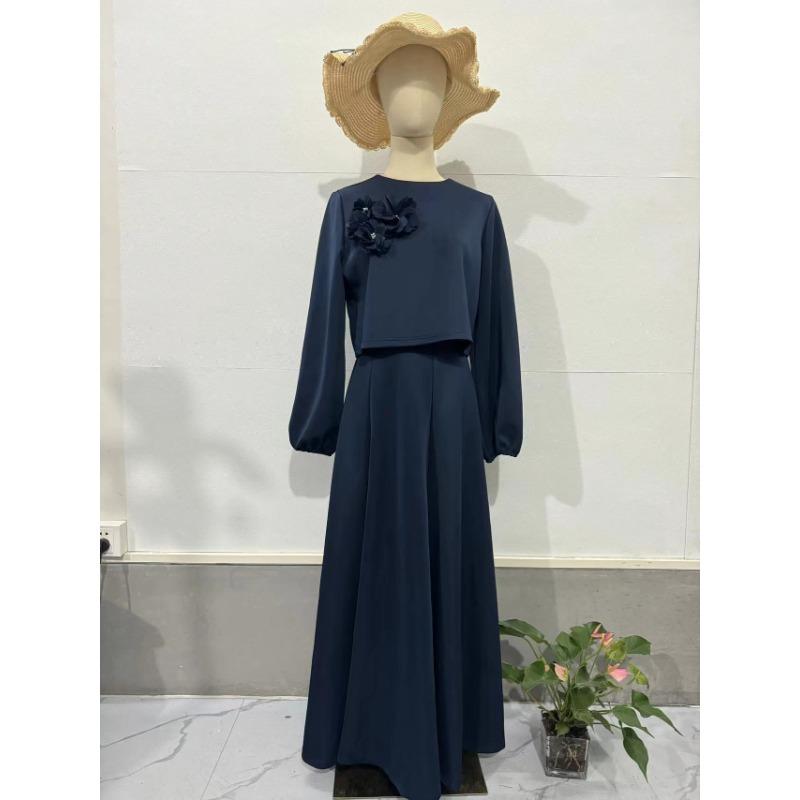 

Весенне-осенний комплект женских платьев с цветочным принтом и рукавами-фонариками, свободный топ с длинными рукавами и юбка с бретелькой на бретельках XXL темно-синий