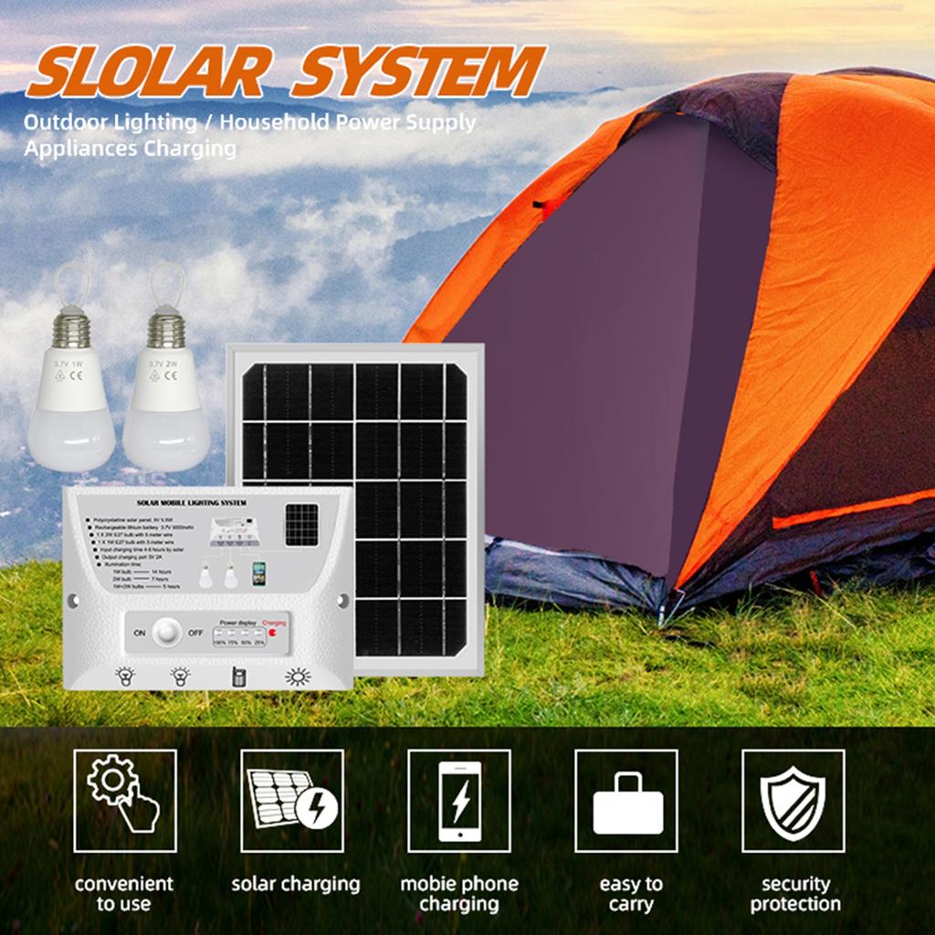 Portable Solar Lighting System Water Resistant Outdoor Solar Lamp with 5.5W Solar Panel 1W and 2W LED Bulbs for Shed