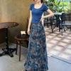 Summer with a Complete Set of Large Size Fat Mm Blue Knitted Top Floral Skirt Korean Unique Beautiful Suit Women