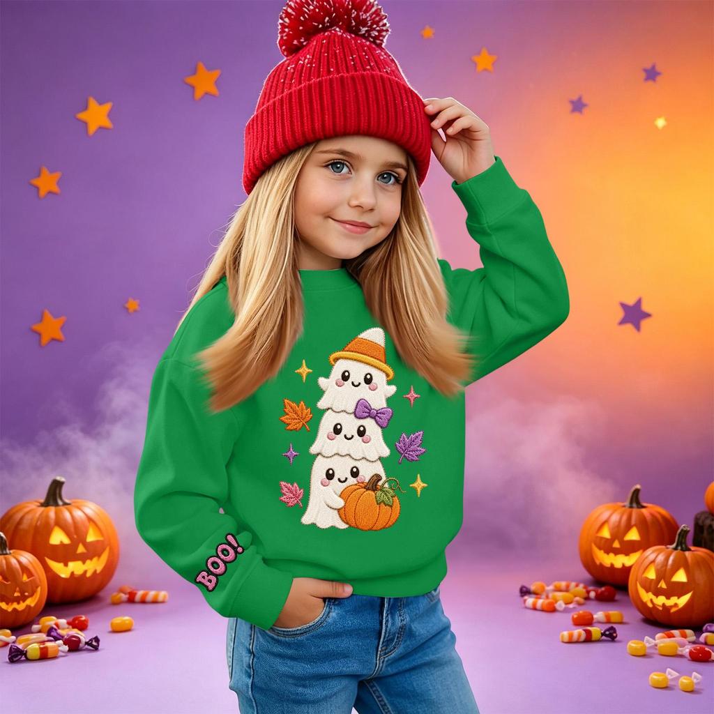 Kids' casual long-sleeved sweatshirt with Halloween print, suitable for holiday parties and everyday wear.