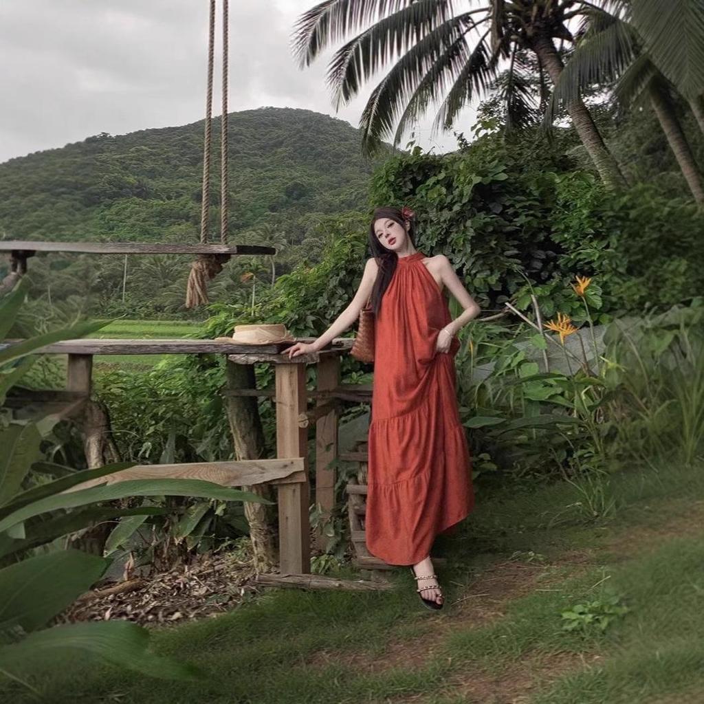 2025 Summer Retro Red Halter Dress: Elegant Long Dress for Travel Photography