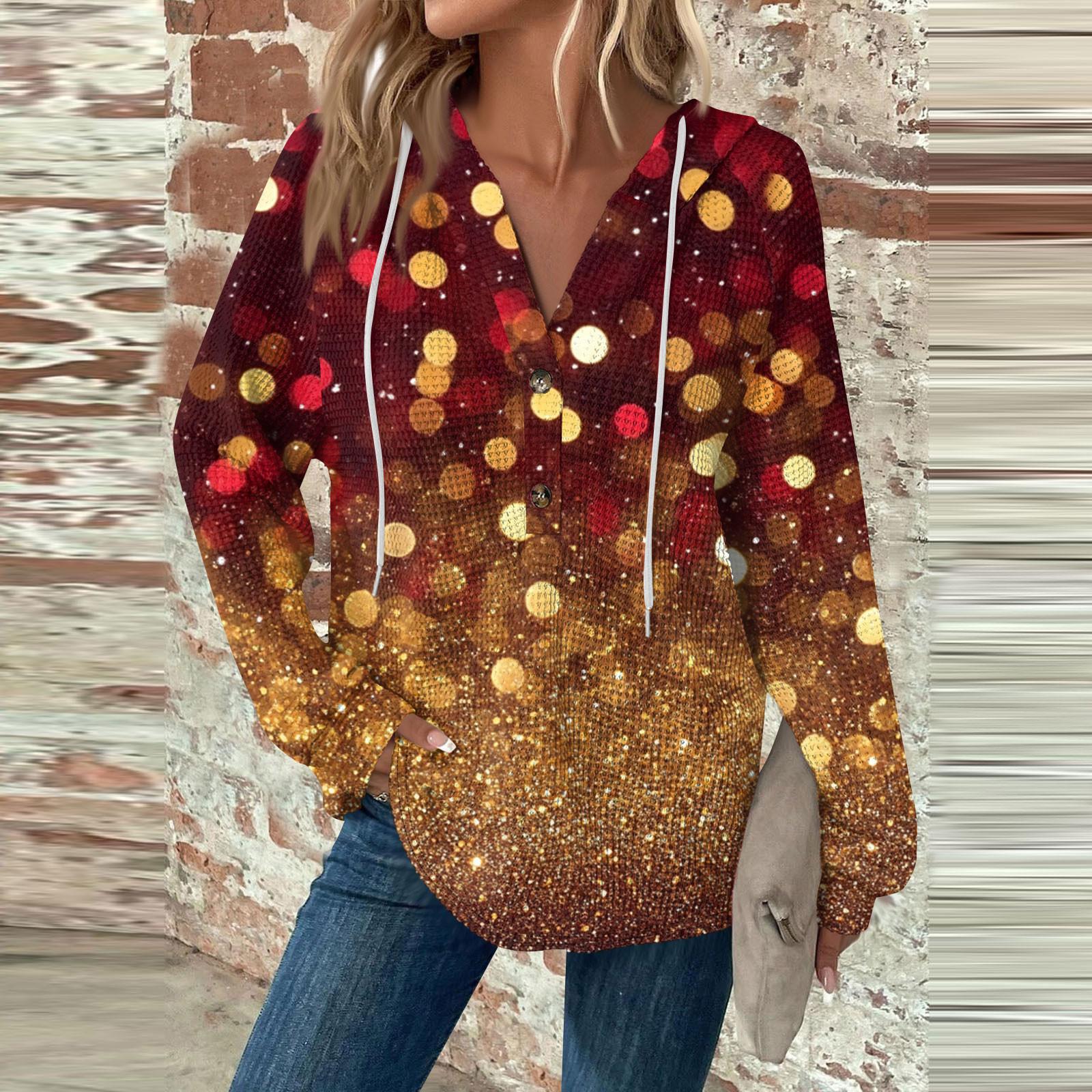 

Женская мода с длинным рукавом, завязками на шнурке, капюшоном, пуговицами, V-образным вырезом, повседневная толстовка с капюшоном и рождественским принтом XXXL золотой