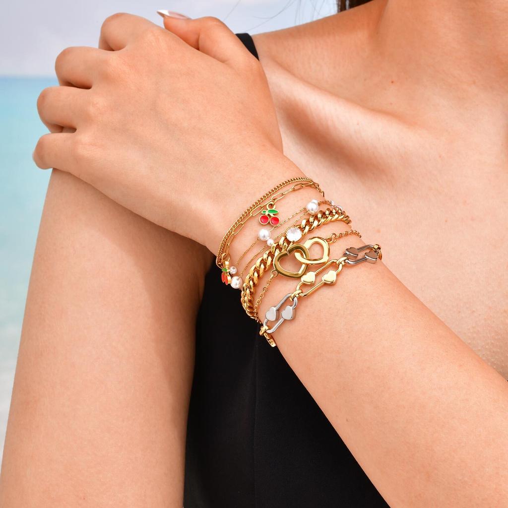 Vnox Charm Chain Bracelets For Women Statement Jewelry Gifts To Lovers Stainless Steel 18K Gold Plated Metal Bracelet