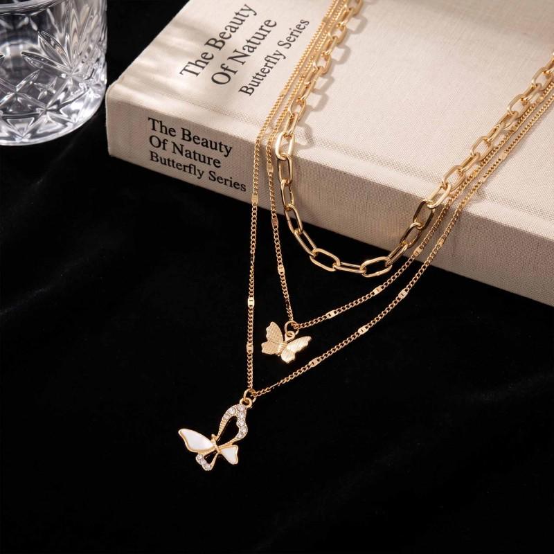 Elegant Three-Layer Butterfly Necklace for Women - High-End Retro Cold Style Hollow Clavicle Chain