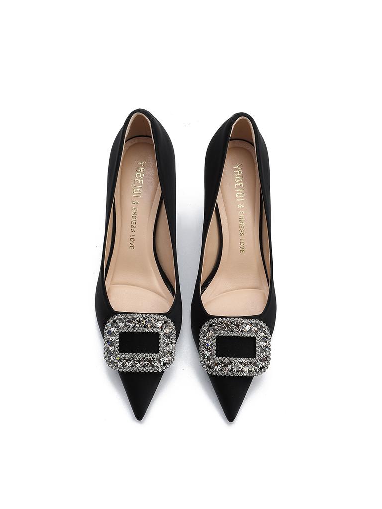 Schuhe Damen Pure Desire Wind 2025 Neu Strass Quadratische Schnalle High Heels Damen Spitzkopf Flacher Ausschnitt Pendeln Dünner Absatz Französische Einzelne Schuhe