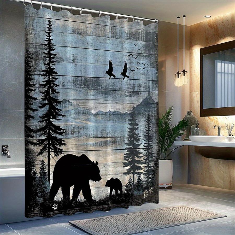 Forest silhouette shower curtain wood grain background bear family and pine trees, guest modern bathroom decoration country art