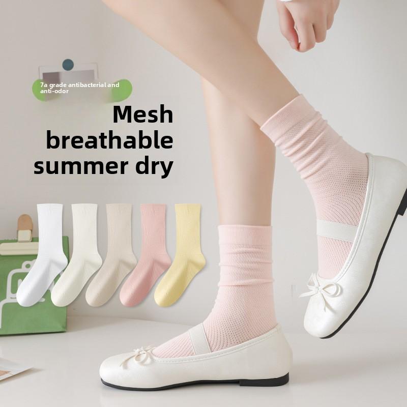 5 Pairs White Socks Women Summer Thin Cotton Mid-calf Socks Mesh Breathable Cool Feeling Fragrance Antibacterial Anti-odour Monthly Stockings