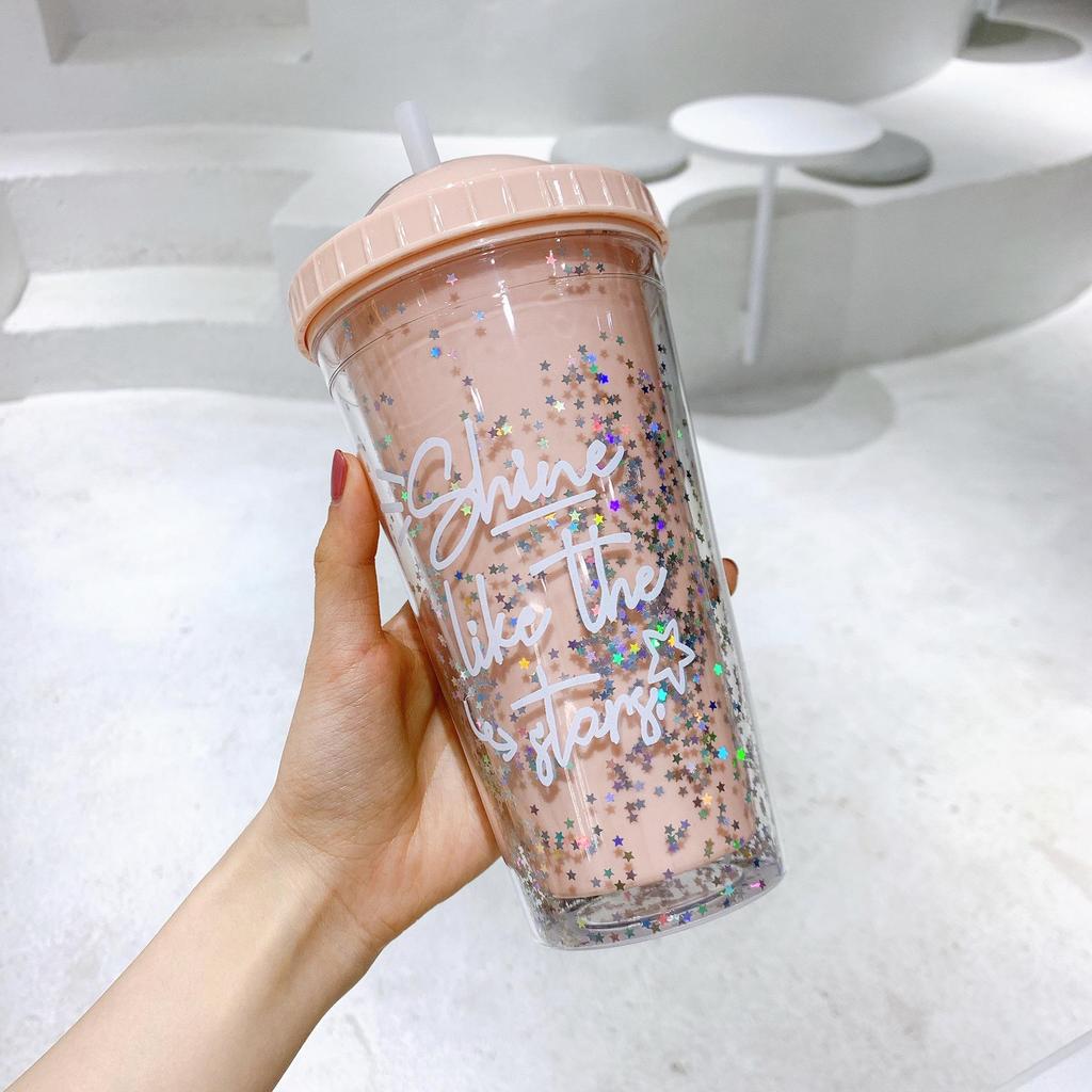 Korean Double-Layer Plastic Cup with Straw - Ideal for Breakfast, Juice, Milk, Home, or Office Use