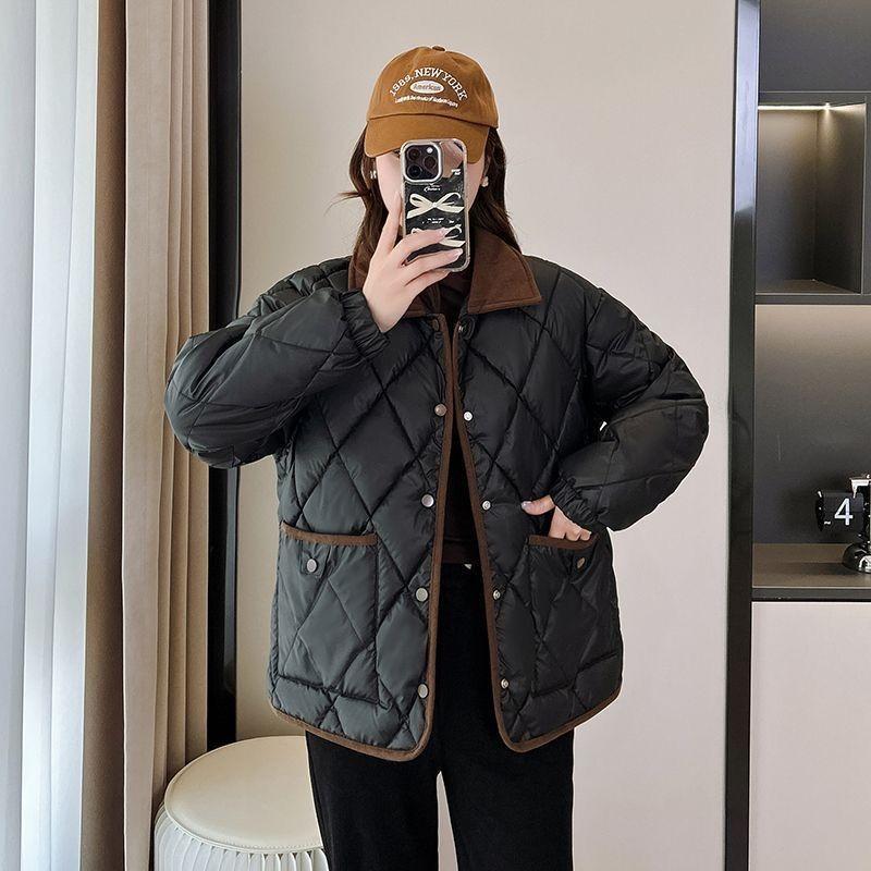 Rhombus down cotton clothes new leave-in loose contrasting color versatile short autumn and winter coat