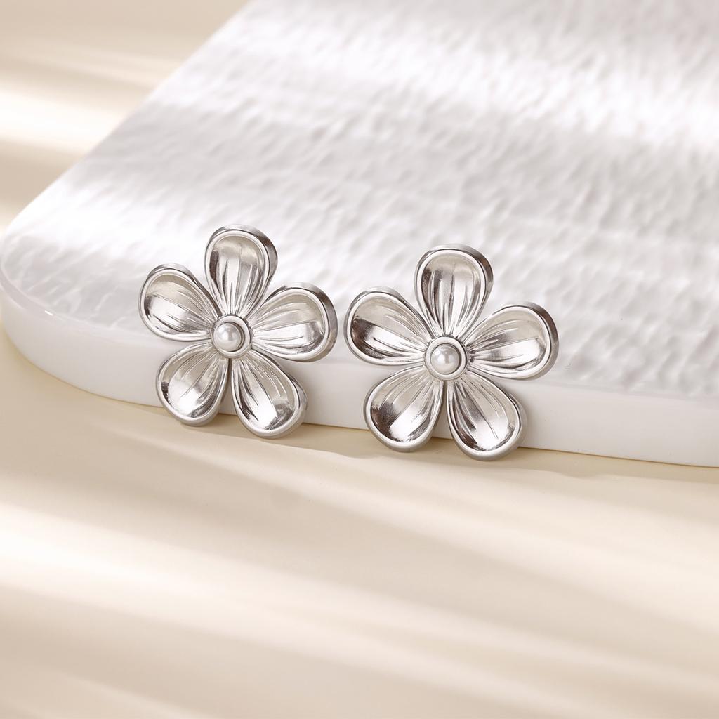 Pearl Flower Earrings For Women Gold Color Stainless Steel Geometric Flower Earring Wedding Christmas Party Jewelry Gift