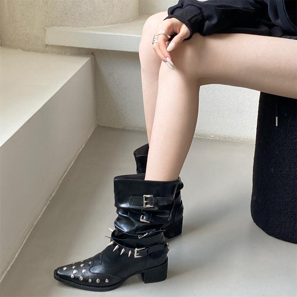 Short Boots Women's Thick Heel Versatile Retro Chelsea Boots 2025 New Western Cowboy Boots Rivet Middle Heel Martin Boots