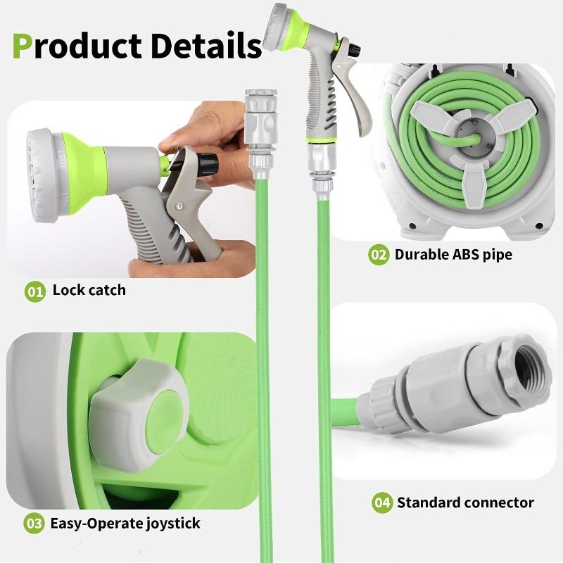 46FT Retractable Garden Hose Reel Heavy Duty Wall Mount Auto Lock Length Control Tangle Free Watering with 7 Pattern Nozzle