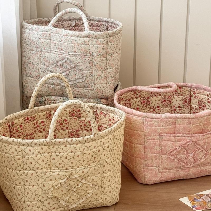 Floral Pattern Quilted Cotton Storage Basket Foldable Lightweight with Handles for Home Laundry Toy Organization