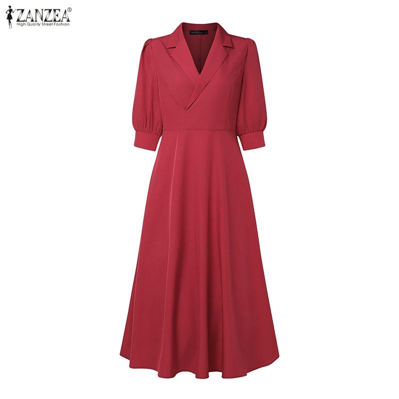 ZANZEA Dámské ležérní elegantní šaty s výstřihem do V a 3/4 rukávem