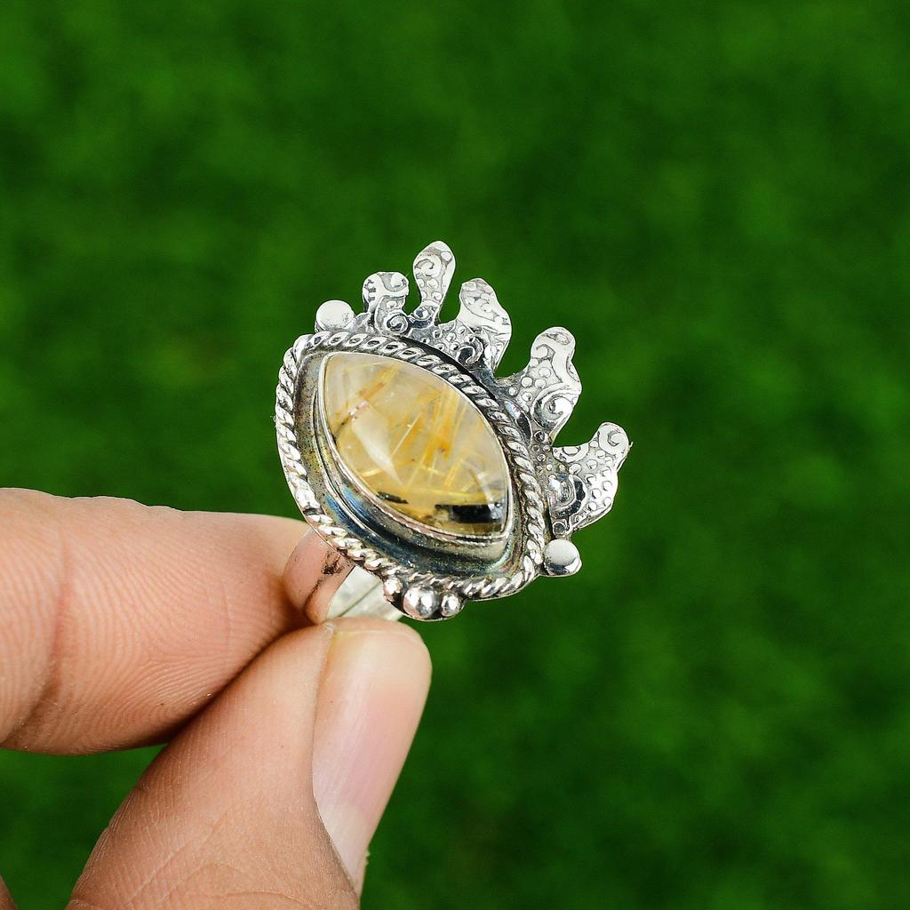 Gift For Her 925 Silver Natural Golden Rutile Multi Stone Adjustable Ring