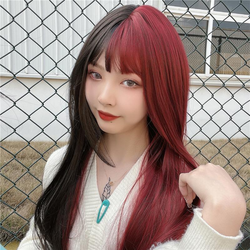 2 Farben Cosplay lange gerade Perücke mit Pony für Frauen