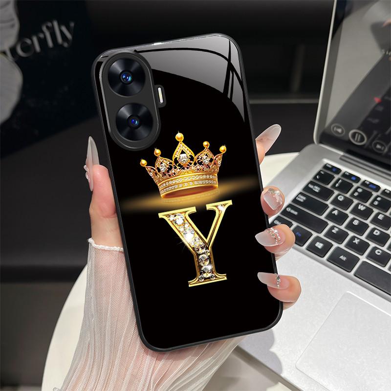 For Realme C55 4G Case Fashion Letters Hard Tempered Glass Back Covers For Realme Narzo N55 NarzoN55 C55 RMX3710 Phone Shell