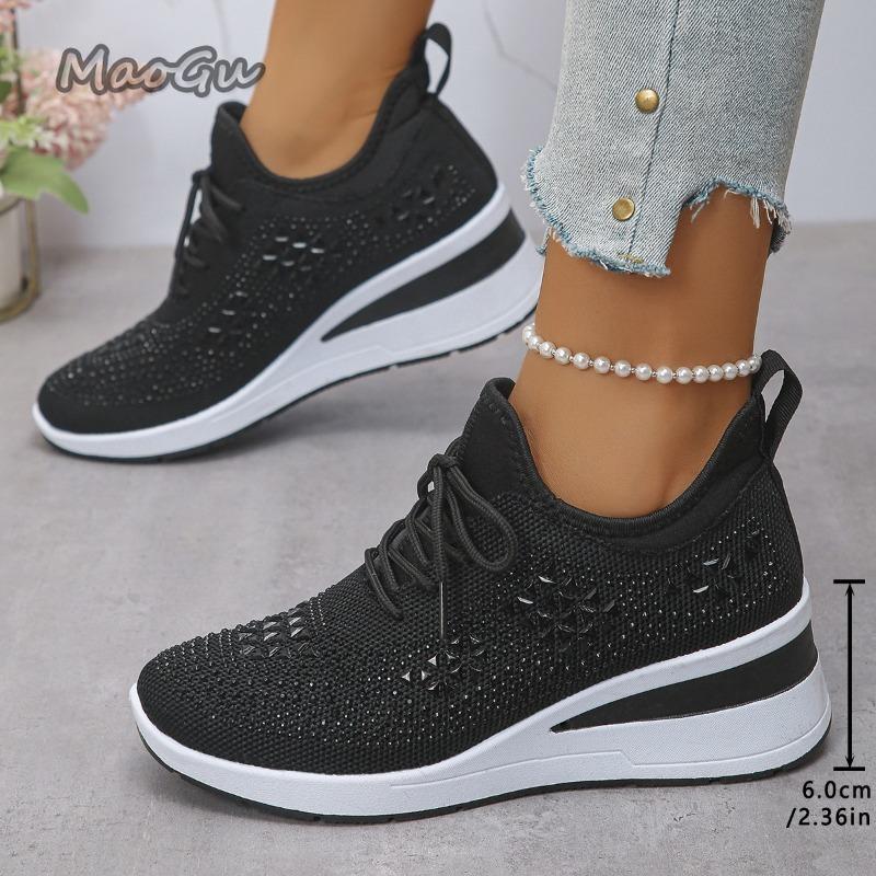 Women'S Shiny Rhinestone Wedge Sneakers Breathable Knit Non Slip Walking Shoes Lace Up 6Cm Heel  Size 36 43
