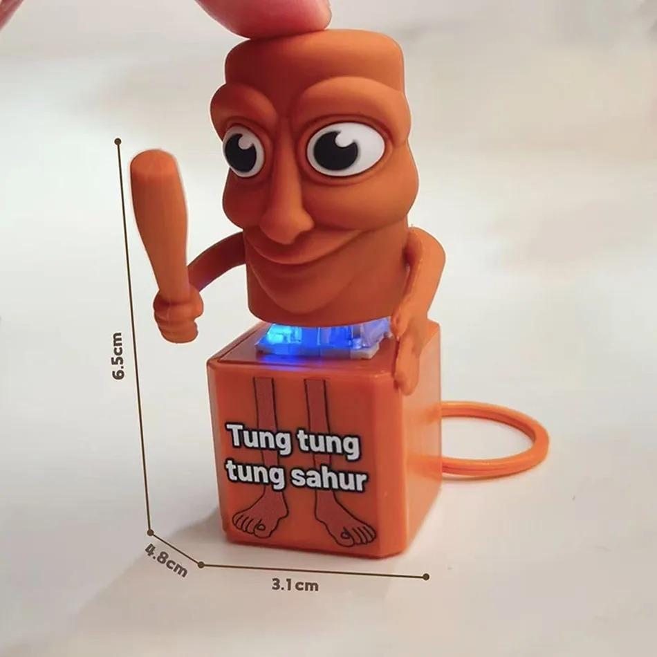 Funny Tung Tung Sahur Man Keychains with LED Light Cartoon Button Keyring Decompression Backpack Hanging Pendant Creative Gifts