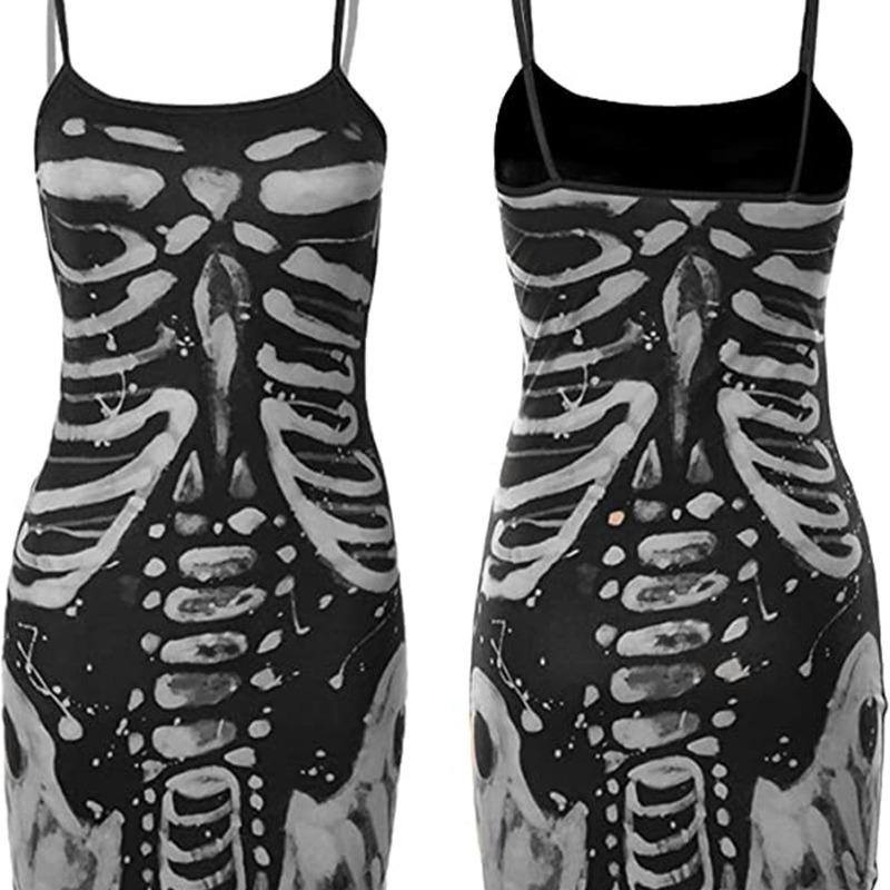 Y2k Skeleton Prints Bodycon Dress Halloween Clothes Gothic Summer Sleeveless Spaghetti Straps Mini Dresses Party Club Streetwear