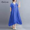 Korean Style Plus Size Summer Women Midi Dress V Neck Black White Pink Blue Yellow Orange Loose Dress Short Sleeve Casual Basic Ladies' Dress