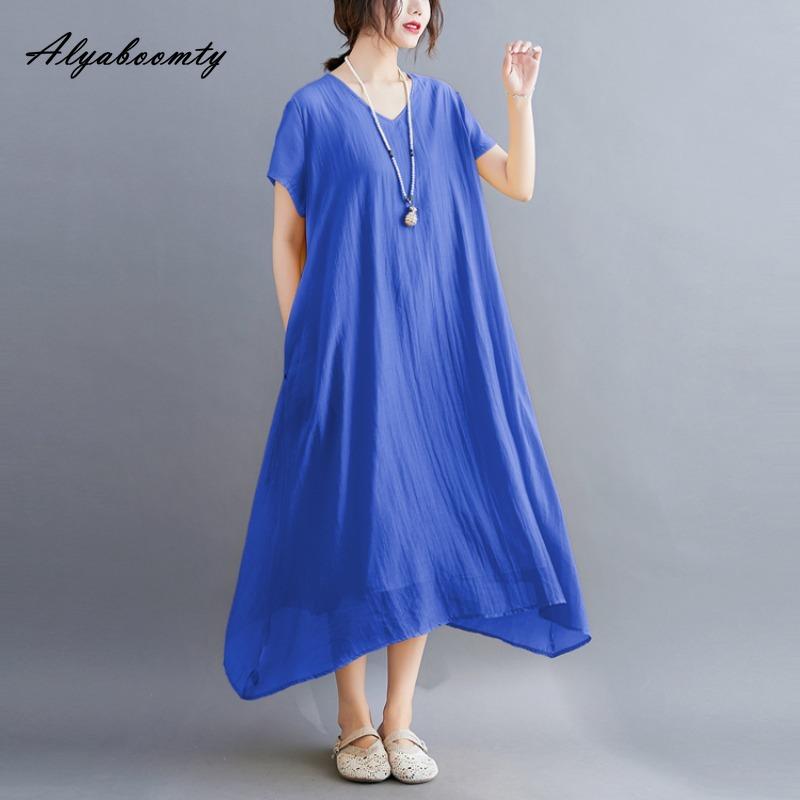 Korean Style Plus Size Summer Women Midi Dress V Neck Black White Pink Blue Yellow Orange Loose Dress Short Sleeve Casual Basic Ladies' Dress
