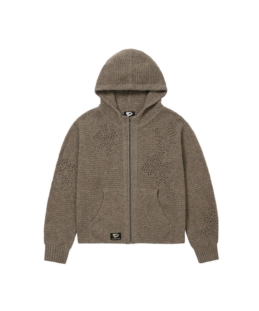 WELLBEING EXPRESS Distressed Knit Zipup Hoodie Brown