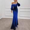 Lady Evening Dress Off Shoulder Hollow Out Rhinestone Wedding Dress Skinny Pleated Prom Maxi Dress Long Lantern Sleeves Slit Hem Contrast Color