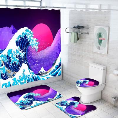 Digital Print Shower Curtain & Bath Mat Set (3-Piece/4-Piece) | Waterproof & Anti-Fog, Bathroom Partition Curtain