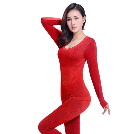 

Зимнее женское термобелье с высокой эластичностью и круглым вырезом, длинный пижамный комплект One Size вино красного