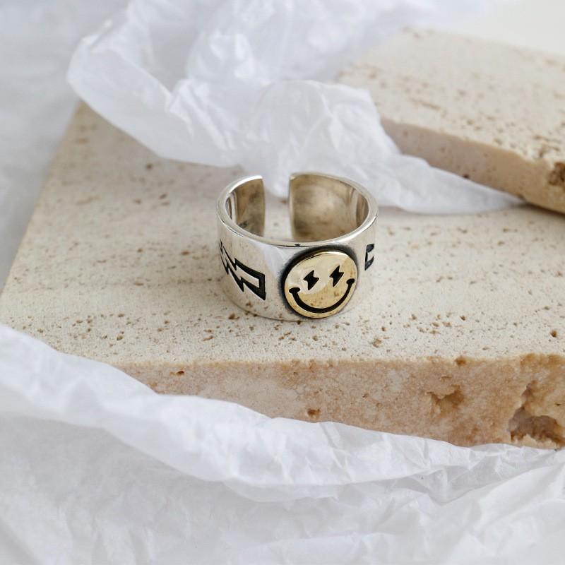 Adjustable Open Face Ring With Smiley Design Plated Copper Unisex Retro Style Statement Jewelry Finger