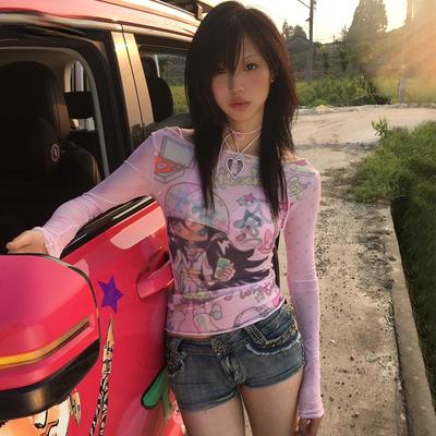 Japanese Y2k Anime Print Mesh Tops 2000s Aesthetics Pink Sheer Top Vintage Harajuku Kawaii See Through T-shirt Lolita