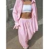Spring New Women Vertical Stripe Shirt + Drawstring Pants Two Piece Set, Casual Striped Outfit Suits For Women