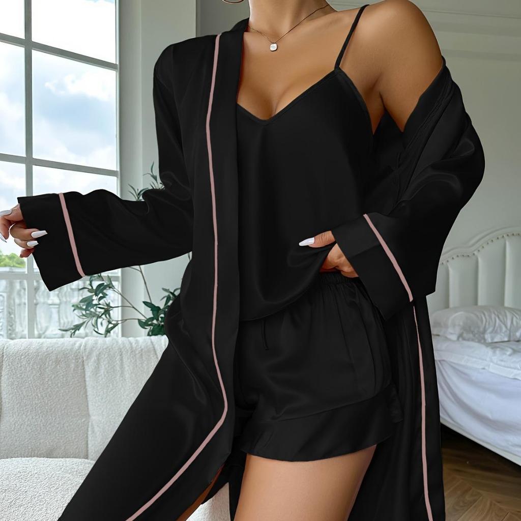Set pigiama semplice in raso, manica lunga, cintura, scollo a V, canotta e pantaloncini, pigiameria da donna