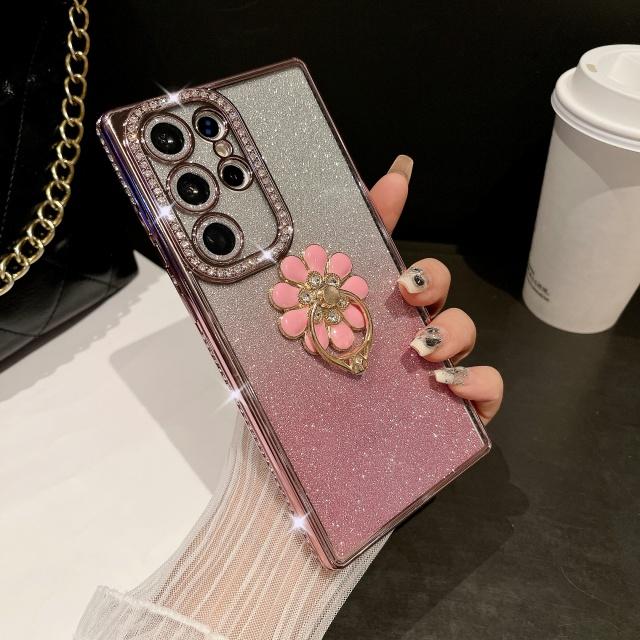 For Samsung Galaxy S25 Ultra Luxury Plating Rhinestone Frame Diamond Ring Stand Phone Case For Samsung S22 S23 S24 S25Plus Cover