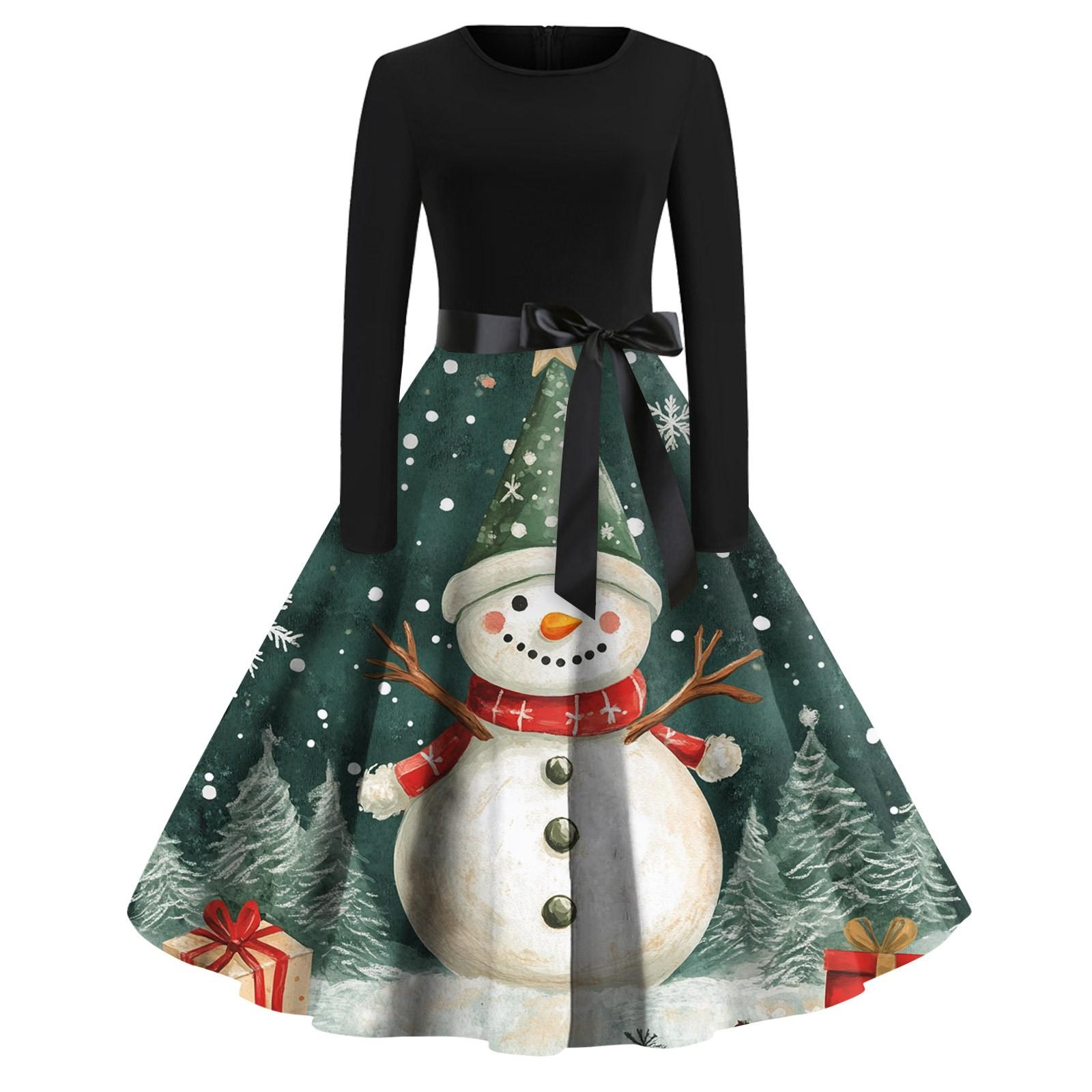 

Женское модное винтажное платье с длинным рукавом и круглым вырезом с рождественским принтом M