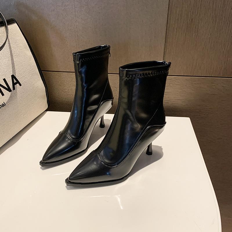 High-heeled short boots women's 2025 autumn and winter new Korean versatile pointed ankle boots thin boots French retro brown short boots