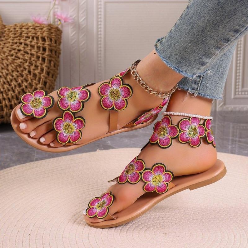 Sandals Women's Flat-bottomed Flower Women's Shoes Summer New Toe Color Beach Shoes