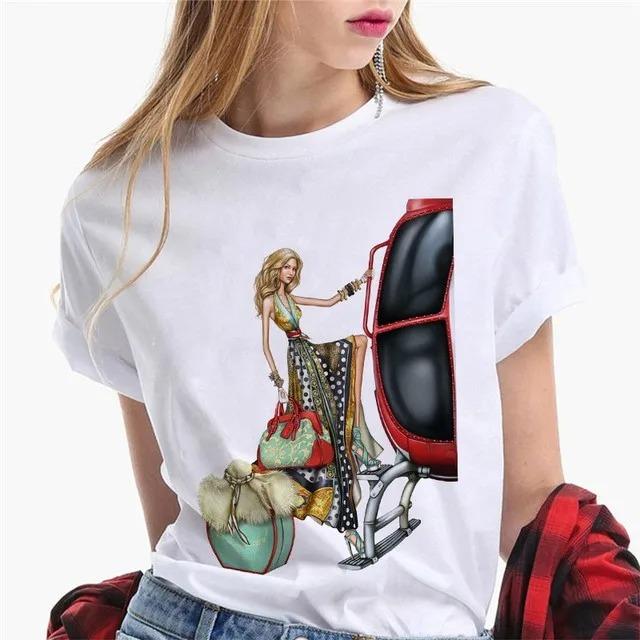 Damen T-Shirts Weibliches T-Shirt Cartoon Kleidung Kurzarm Lässig Reise Glückliche Zeit Süßes Hemd Mode Dame Grafik-T-Shirt Oberteil