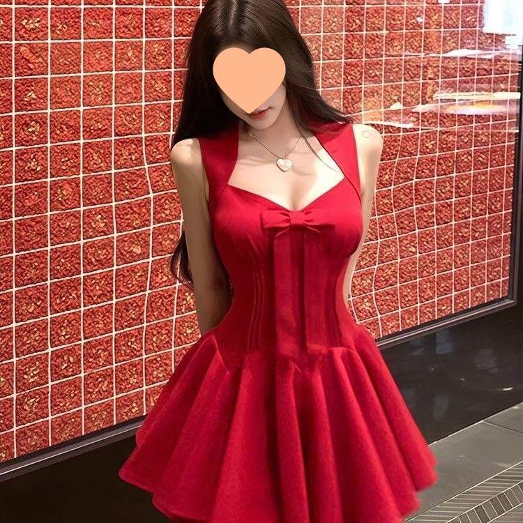 Elegant French Rose Bow Knot Dress - Slimming Waist, Summer Short Skirt for Special Occasions