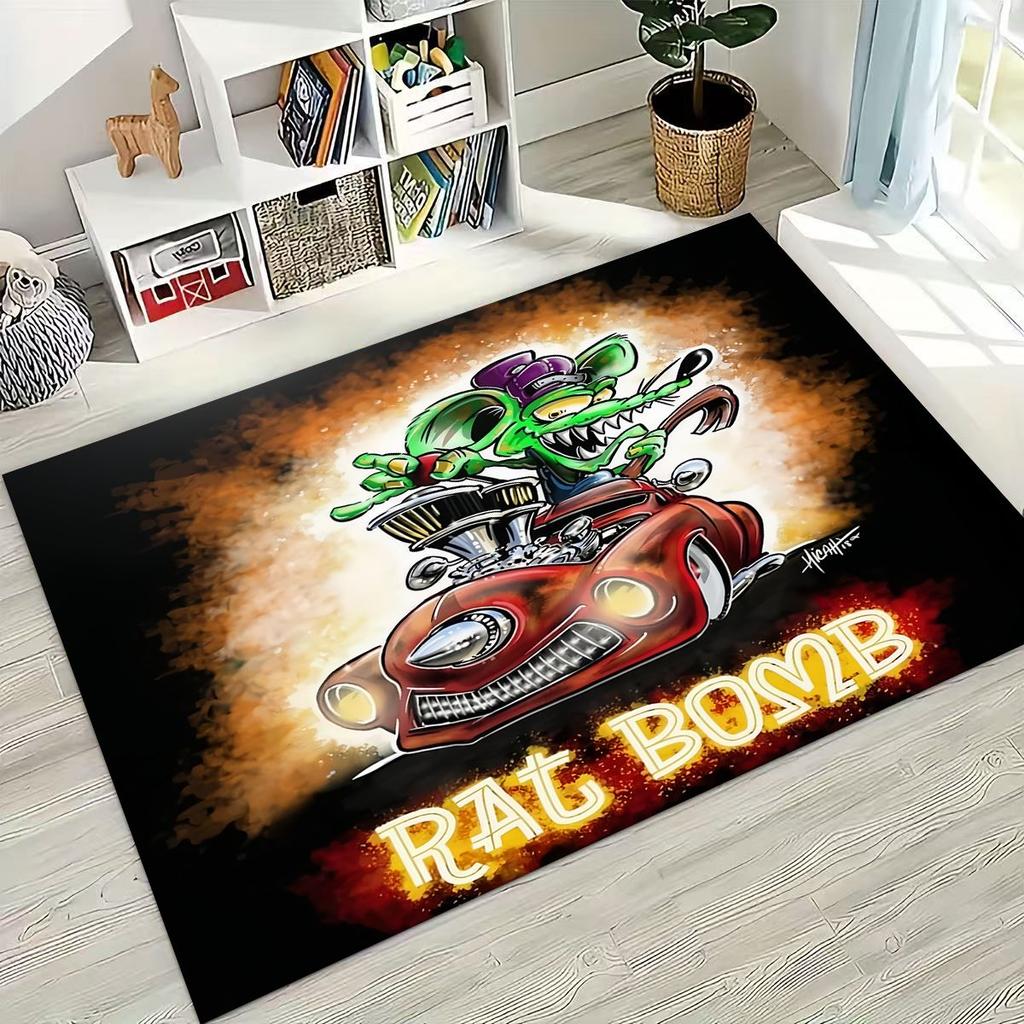 3D Rebellious RAT FINK Auto's Bord Cartoon Vloerkleed voor Slaapkamer Woonkamer Bank Huis Deurmat Decoratie, Groot Kinder Speel Antislip Vloermat